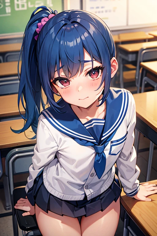 , blue hair, side ponytail, Futanari, small penis, masturbation, classroom, large amount of , pleasure, shame