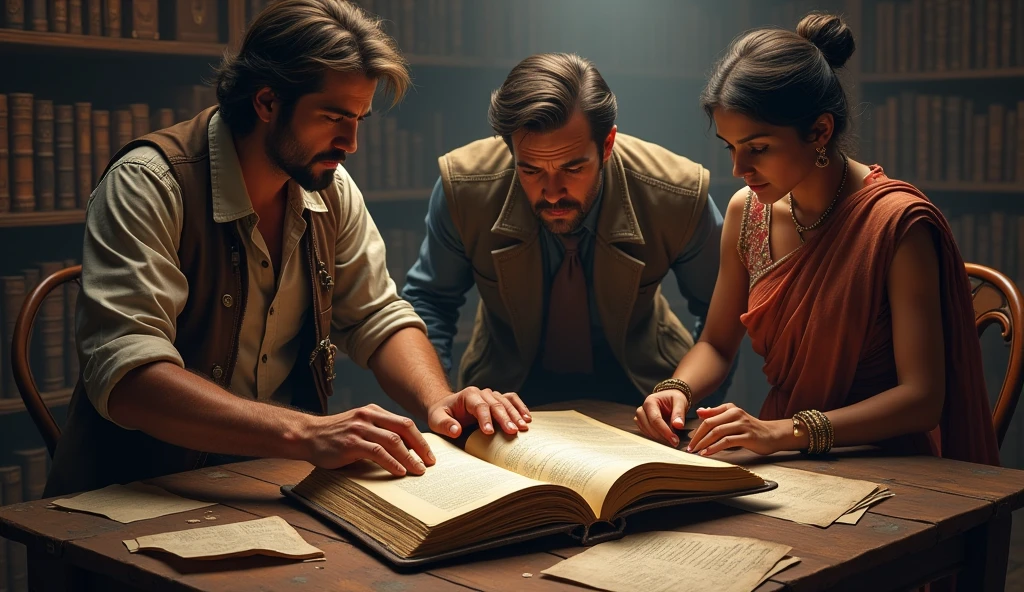"A close-up of a wooden table cluttered with old papers and a single dusty book. The book has a hidden compartment with a cryptic riddle. The table is surrounded by shelves filled with leather-bound volumes. Alex(Alex: A man with tousled brown hair, dressed in a brown jacket over a gray t-shirt. He has a rugged, adventurous look, carrying a backpack, suggesting he's ready for a journey or an outdoor adventure.) is examining the book, while Jamie (Jamie: A sharp-looking man with short dark hair, wearing a red jacket over a black turtleneck) Priya (Priya: A woman with long black hair, dressed in traditional attire with gold earrings.  scans the room for additional clues."