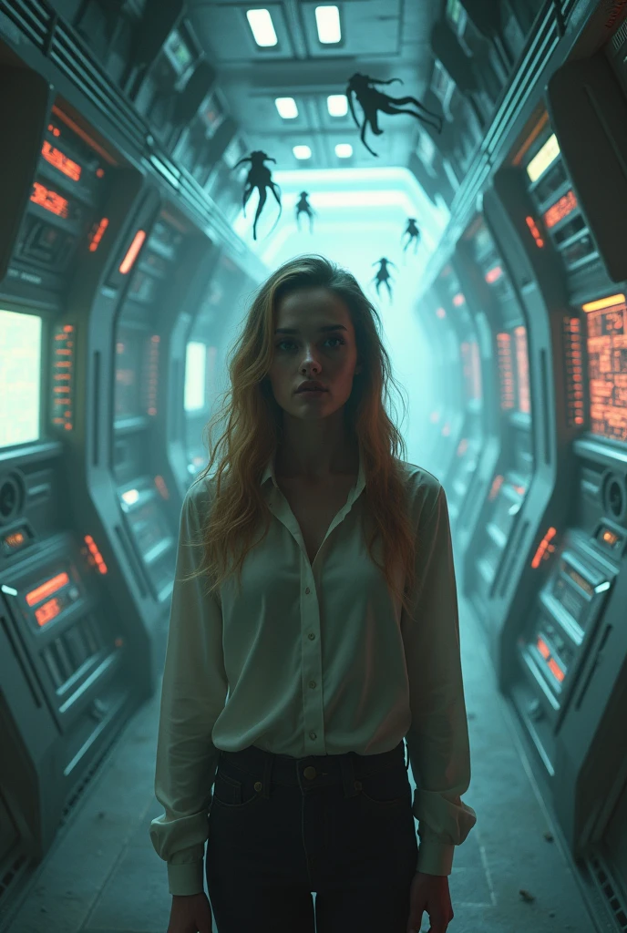 A studious woman is frightened by being inside an alien spaceship full of strange gray creatures and beings and technological computers