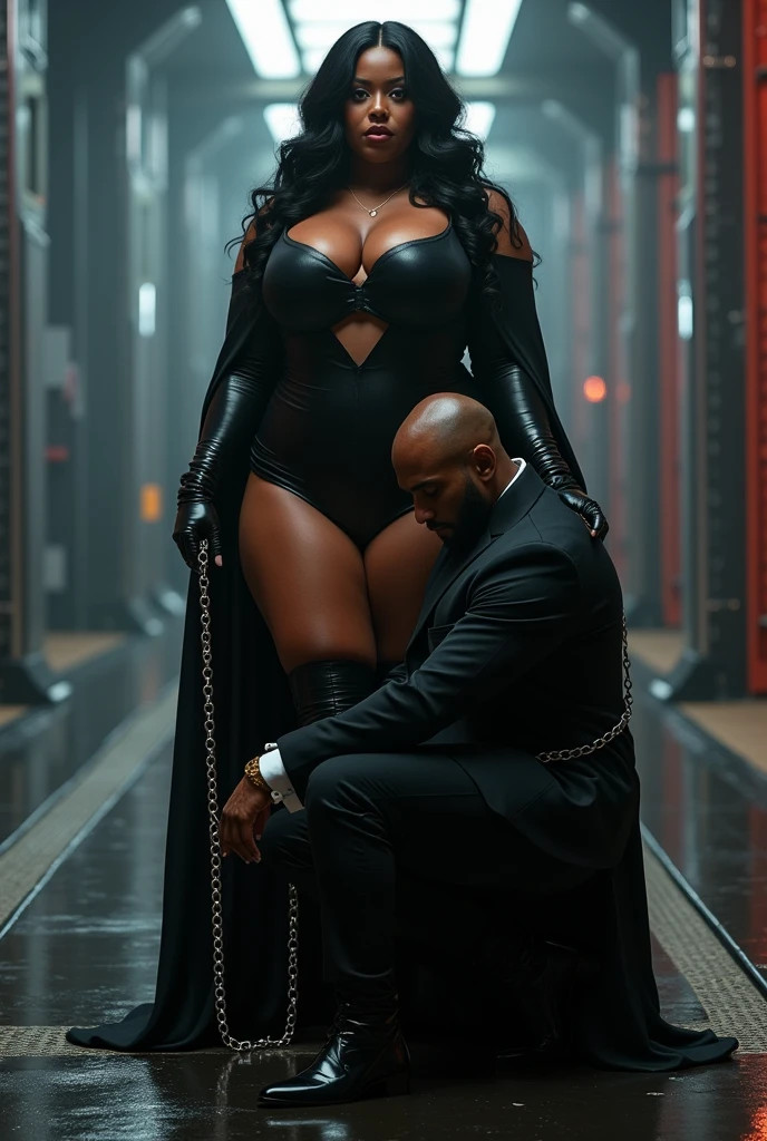 (photorealism:1.2)  cyber realistic 
beautiful ebony plus size dark brown mocha skinned tone melanin women, with long flowing black hair bbw plus size curvaeous woman radiating authority ,A woman in long boots, black dress and black gloves holding another kneeling white man in formal clothes on a leash,
