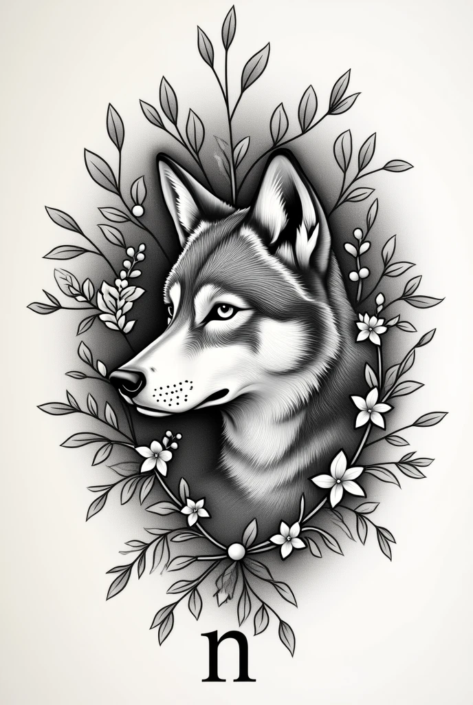 Draw me a tattoo template made of filigree lines showing a wolf's head from the front, but looking to the right. The wolf's head should be surrounded by leaves and natural ornaments, from which the head, as if looking out of a bush. In the tattoo the letter "n" happen, because the tattoo is dedicated to a person with this initial letter. The tattoo should be drawn like this, that it can be placed on a woman's chest and emphasizes her figure well.