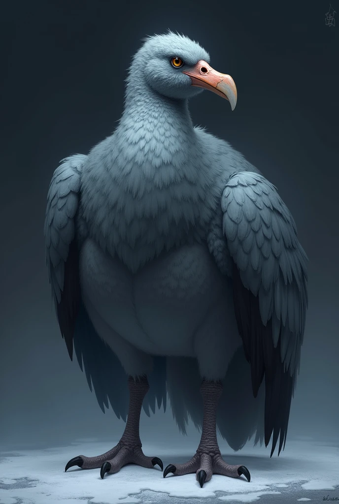 

(Dodo)  beautiful heavy bird, with gray feathers, large curved beak, and short legs short wings short tail with a bluish gray with a realistic style nothing with a brushstroke style cold and dark colors


