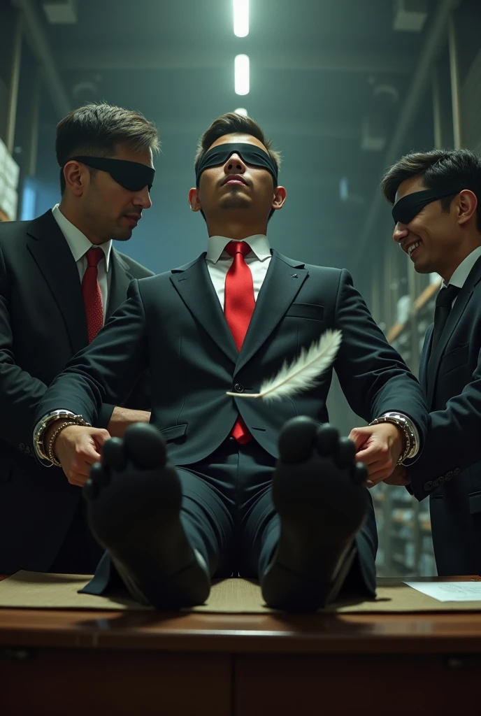 Malaysia malay handsome 19 years celebrity
His handcuff  in warehouse 
Blindfolded
Black Suit and Red tie
feet on desk
feather
5 toes each feet 
Black  smelly sock
2 man under his feet
1 man take off  his socks
1  man holding feather tickle his feet 
He laugh very hard