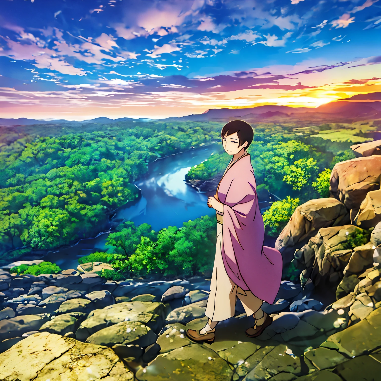 Proud Asagiri Gen walking by the rocks above the river, sunset sky, poster-like still