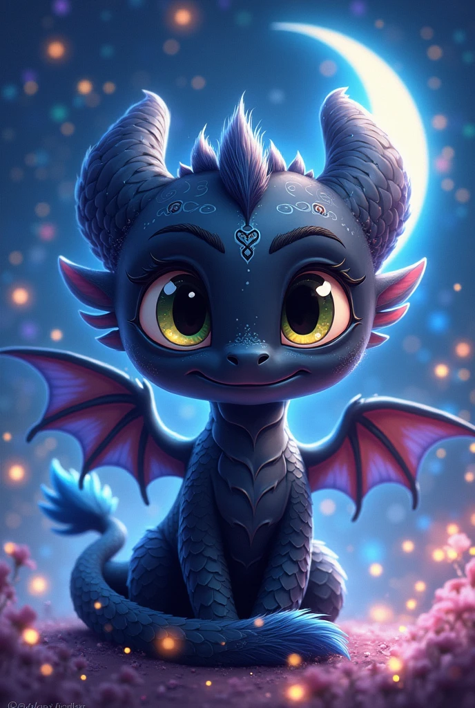 Anime-style masterpiece, cute chibi Night Fury character, shimmering black scales transitioning into soft fur textures, large expressive eyes filled with playful mischief, feathery accents adorned on wings, delicate iridescent details, and reptilian features subtly incorporated, long sinuous tail resembling that of a snake with intricate patterns, poised in a whimsical pose, surrounded by swirling magical elements, vibrant night sky as backdrop filled with sparkling stars, a silvery crescent moon casting a gentle light, enhancing the enchanting atmosphere, dynamic composition with colorful magical effects swirling around, creating a sense of movement and life, vivid color palette featuring deep blues, purples, and shimmering silvers, light gradients emphasizing feathered and fur textures, capturing a playful essence, adding delightful charm to the character, emphasizing both its dragon-like strength and whimsical nature, executed in rich anime artistry with soft outlines and cheerful expressions, crafted to evoke pure joy and excitement, ensuring a memorable piece that resonates with both HTTYD fans and anime art lovers alike.