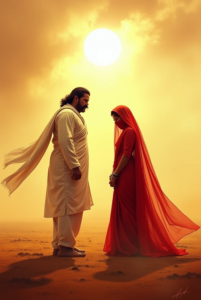 There is a big field which is dry. In it there is a man whose name is Tejaji. Tejaji is very angry. Tejaji is wearing a white dress and has a mustache on his face. Tejaji is angry at a woman. The woman is standing next to Tejaji and she is red. She is wearing a saree and the woman has covered her face with the pallu of the saree and has kept her head down and both are standing at a distance and the ground below is dry and sunlight is coming from the sky.