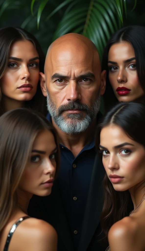 Bald man, bearded, with several beautiful women, 8k cinematic.