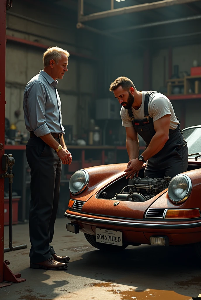 a man ( tall brunette, latino, muscular, mechanic outfit, short beard) repairing engine of car ( classic, porsche, brown color) he's in garage (old and big, full of mechanic tools, pretty dark with a light's) and talking with man (blonde middle age, businessman, gold watch on right hand)