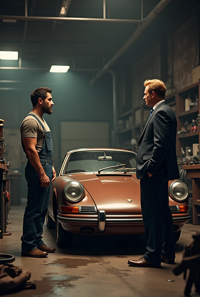 a man ( tall brunette, latino, muscular, mechanic outfit, short beard) repairing engine of car ( classic, porsche, brown color) he's in garage (old and big, full of mechanic tools, pretty dark with a light's) and talking with man (blonde middle age, businessman, gold watch on right hand)