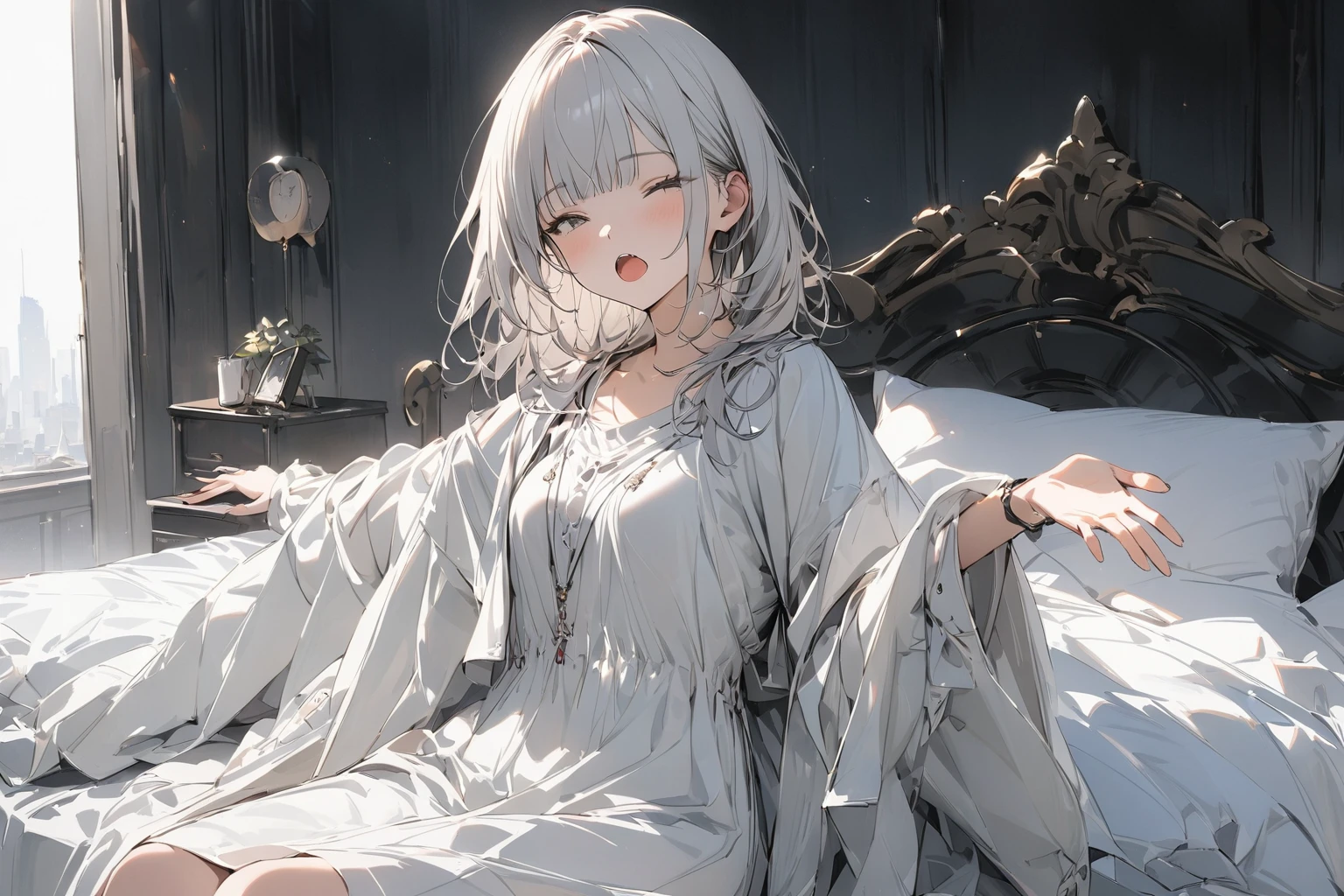 A slim girl with short bangs and long silver hair sitting on the bed, raising her arms and yawning with a sleepy face, conceptual art, masterpiece, super detail, attention to detail, high quality, highest quality, high resolution