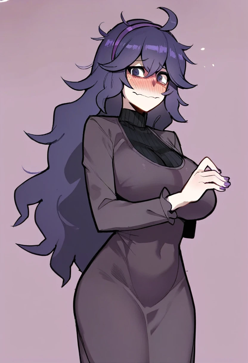 score_9, score_8_up, score_7_up, score_6_up, score_5_up, score_4_up, BREAK, source_cartoon, source_anime,
1girl, hex maniac \(pokemon\), @_@, ahoge, black purple hair,  long hair, messy hair, dress, hairband, huge breasts, nail polish, purple eyes,
blush, embarrassed, looking at viewer, solo     