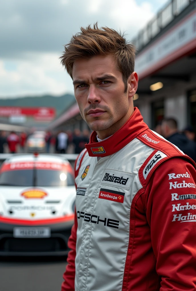 (Photorealism:1.2), Porsche Cup male driver with brown hair and eyes in front of the pitlane 8k ultra realistic