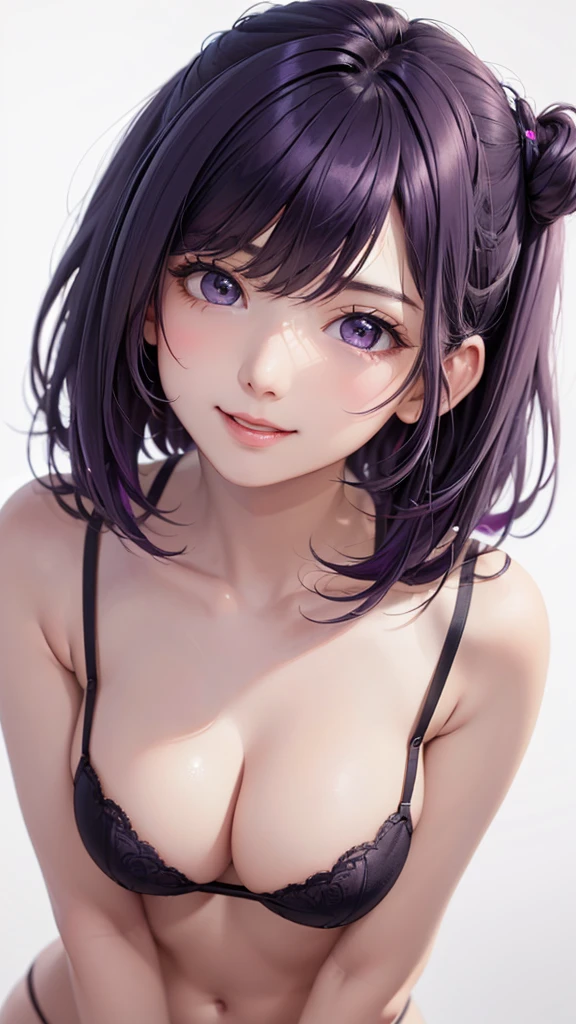 Best Quality,High resolution,8k,(plain white background, no patterns, no textures, just a plain white background:1.3),Masterpiece:1.2),beautiful girl,Big Breasts,(Glossy, deep purple hair:1.3),bob cut,Beautiful purple eyes,Dark gray underwear,Gentle look,A refreshing look,smile,Best quality,Best Quality,Aesthetic and aesthetic:1.2,Best details((Super detailed))(High-definition CG illustrations),Slender body,smile,blush,cute,Scrounge,Looking up,Being spoiled,super model