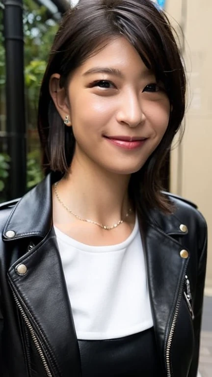 Highest quality,masterpiece,Ultra-high resolution,Black leather jacket、Black Leather Skirt、nice smile