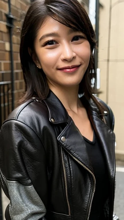 Highest quality,masterpiece,Ultra-high resolution,Black leather jacket、Black Leather Skirt、nice smile