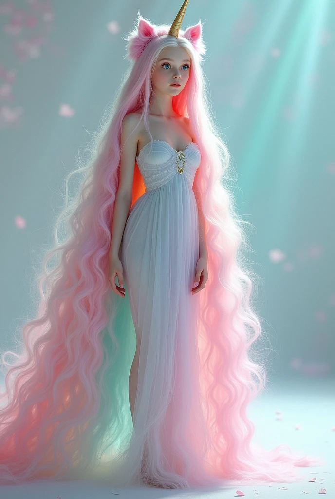1 white girl as a unicorn with unicorn hair all over from head to toe full body.