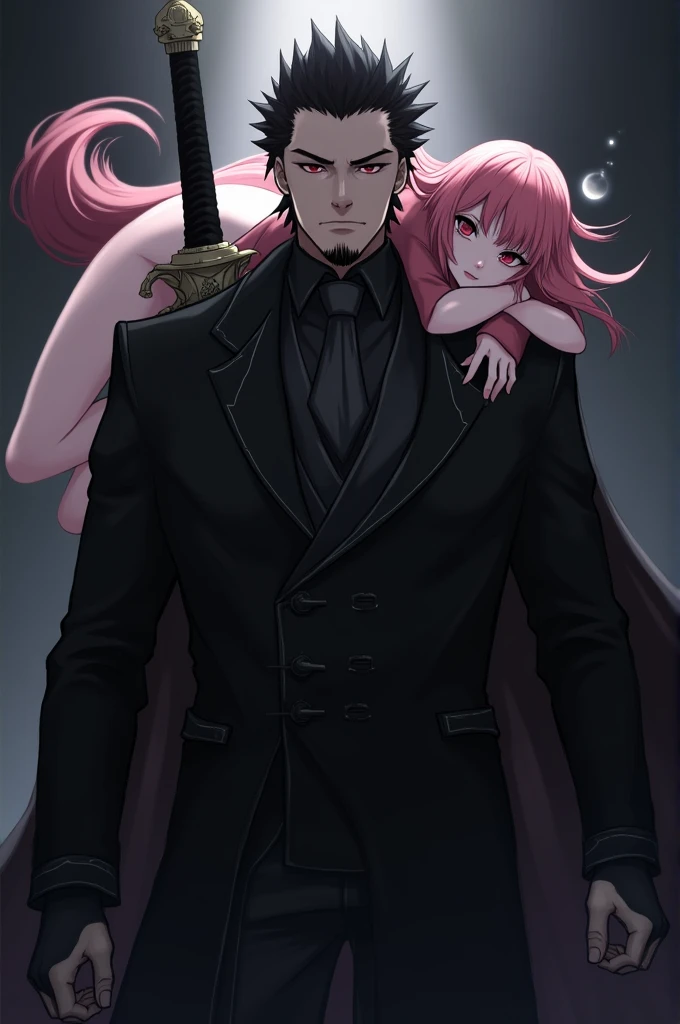 Mihawk Dulacre with black hedgehog hair and edged beard carrying pink haired Perona on his shoulder