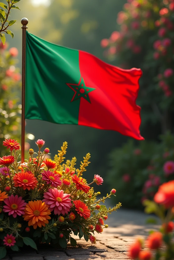 Moroccan flag with flowers next to it