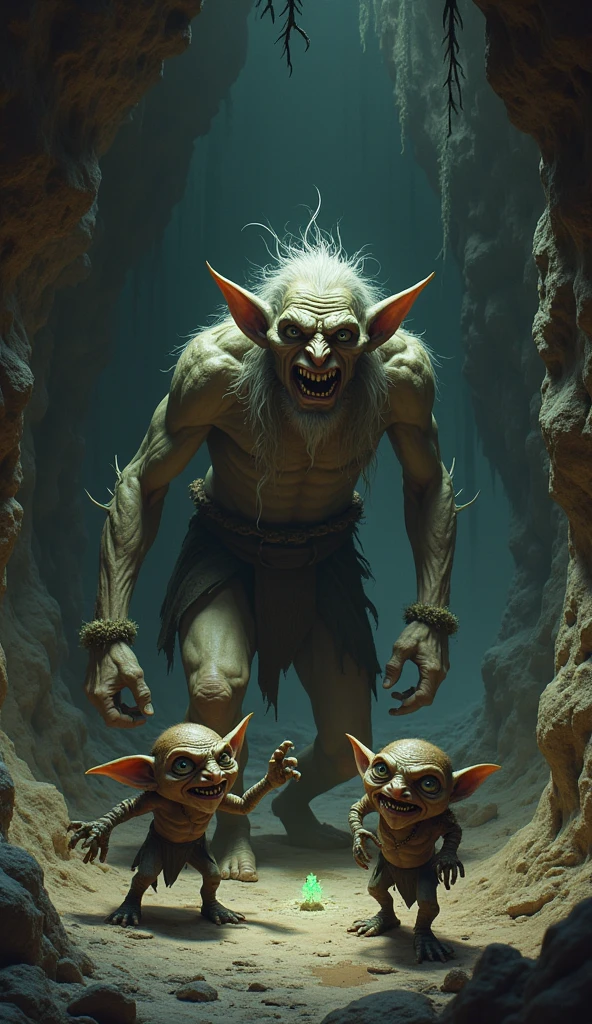 In the cave,Small male goblins, goblin in the form of an ancient man, австралопитеки