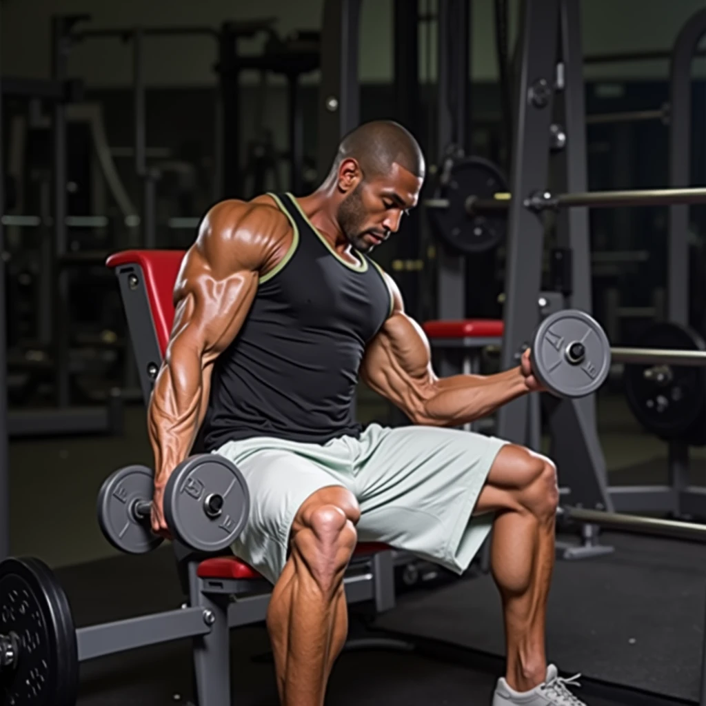 High Detail RAW Color Photo Professional Photo. A tall, muscular man with a shaved head and pale skin is seated in a gym, performing a concentrated bicep curl with a heavy dumbbell. He is wearing a camo tank top designed for bodybuilders, showcasing his massive, defined arms and chest. His shorts are a light green color, highlighting his strong legs as they rest firmly on the ground. The gym environment around him is dimly lit, focusing the light on his intense expression and the strain in his muscles as he lifts the weight. The background features gym equipment, adding to the authentic atmosphere. The lighting emphasizes the definition and veins on his arms, capturing the intensity and power of his workout., UHD, retina, masterpiece, accurate, anatomically correct, anatomically correct, textured skin, super detail, high details, high quality, award winning, best quality, highres, 4K