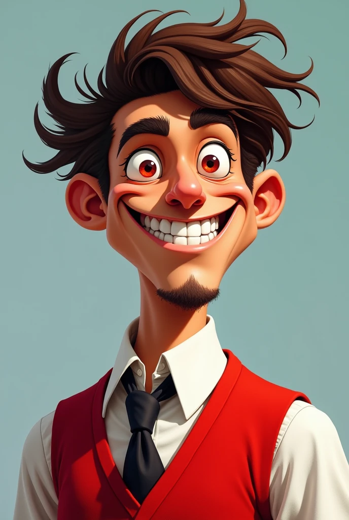 happy, cheeky, Tall, half-white half-black, messy wavy brown haired 1 man with glasses, white dress shirt, red vest, sharp canines, red eyes, almond shaped eyes