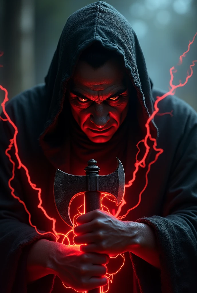 Dark scene, hyper realistic, male, fiery eyes, ashen skin, close up, holding a single bladed axe, sinister expression, red lightning on his hands,
