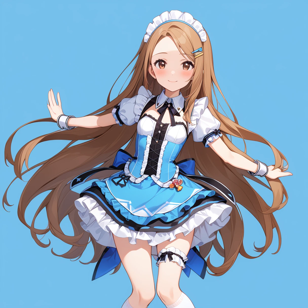 (masterpiece), (Alone, solo), (From head to toe:1.0),  (whole body:2.0), 
(4K), (super high quality:1.0), (Ultra-high resolution:1.0), (Ultra-detailed), 

(Minase Iori), round face , cute:1.0 Brown Hair, Long Hair, amount, Hair Clip, Brown eyes, ribbonが付いてるピンクのヘアバンド, 
Beautiful breasts, Small breasts, Shyness, smile, Pitiful, 

Perfect limbs, Perfect Anatomy, round face, Thin legs, Five perfect fingers, Big eyes, Iris, (slender), Tight waist, 
Delicate and smooth skin, Beautiful Skin, Textured skin, 

sexy, charm, 

Maid clothes, Short skirt, ribbon, 
Blue striped underwear, White frilly underwear, 小さいribbonが付いてる下着,
(White knee socks), 

(Blue background), (Blue Studio), (Blue carpet), 

Are standing,  Legs slightly apart, 