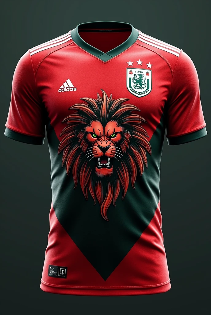 White stars themed national football team jersey using white, red, black and green colours with a lion head print on it