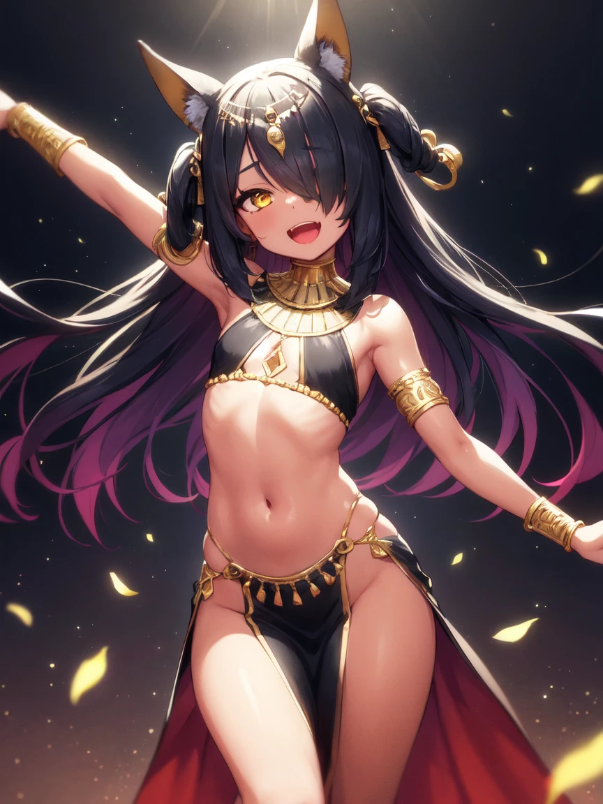 (SLE, mksks style, detailed background:1.1), (solo:1.3), girl, dark skin, ornate egyptian dress, long hair, black hair, beautiful hair, (hair over eye), yellow_eyes, happy,head tilt, volumetric lighting, (outdoor:1.3), egyptian, colorful, flat chest, female anubis, egyptian clothes, egyptian mythology, , lewd outfit, young, (young girl), child, (very young girl), small girl, skimpy outfit, midriff, nsfw, lewd, slutty facial expression, (dancing), open mouth, (dark skin), (pelvic curtain), dancer, arms above head, hip sway, (motion lines:1.3), hip sway, bellydancer