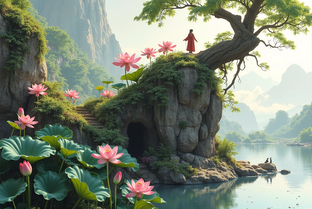 (number art,Ink and wash:1.2),nobody, Mountains, trees, rivers,flowers,lotus flower, (Oriental elements, Chinese colors, senior color matching), (3d sculpture,rendering by octane,volumettic light,Natural soft light,), (super delicate:1.2, lose focus:1.2, extremely colorful, Cinematic Lighting, Chiaroscuro,Ray Tracing), Masterpiece, super rich,super detailed,8k, zulishisong_style_great_wall