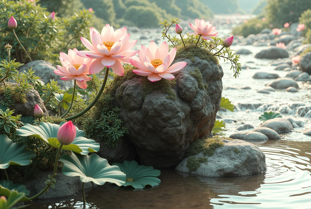 (number art,Ink and wash:1.2)，nobody, Mountains, trees, rivers，flowers，lotus flower， (Oriental elements, Chinese colors, senior color matching), (3d sculpture，rendering by octane，volumettic light，Natural soft light，), (super delicate:1.2, lose focus:1.2, extremely colorful, Cinematic Lighting, Chiaroscuro,Ray Tracing), Masterpiece, super rich,super detailed,8k, zulishisong_style_great_wall
