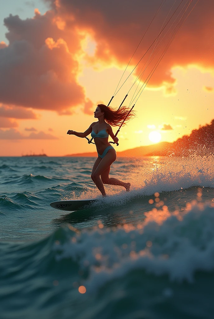 A woman sailing in the sea with kite surfing equipment while the audience watches her and the magnificent sunset 
