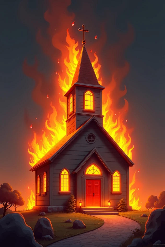 Create a digital artwork of a small church engulfed in flames, viewed from a slightly elevated angle, as if looking down at it from a 30-degree angle. The church has a traditional architectural style with a pointed steeple topped with a cross. The flames are intense and rising from the roof, especially around the steeple. The church's windows and doors are glowing with an orange light, reflecting the fire inside. The scene should be dramatic, with the flames contrasting against a dark background. The art style should be modern, blending realism with slight cartoonish elements to keep the imagery striking but not overly realistic.