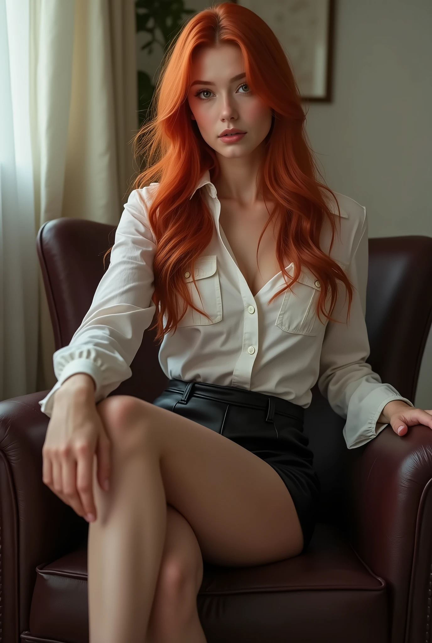 ultra realistic, fot, long redhead hair, Kizi, 2, hourglass figure, perfectbody, seducing gaze, 极其详细的Artgerm, in the style artgerm, 35 mm lens, blur the background, sitting on a chair in the room, wearing a tight cotton blouse and a short latex skirt, wearing opaque thigh-high stockings, showing legs, Legs long, touching her legs, sexy legs, attractive legs, whole body picture, whole body portrait, whole body, wide plan, wide angle