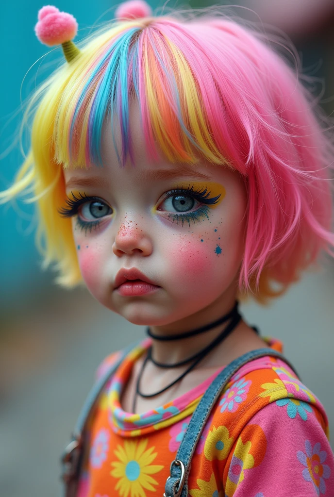 kawaii androgynous  dressed in bright 90's kid colorful clothes and short skirt, wearing bright kid color makeup eyeliner eyeshadow with lipstick, freckles, iridescent bright color short hair