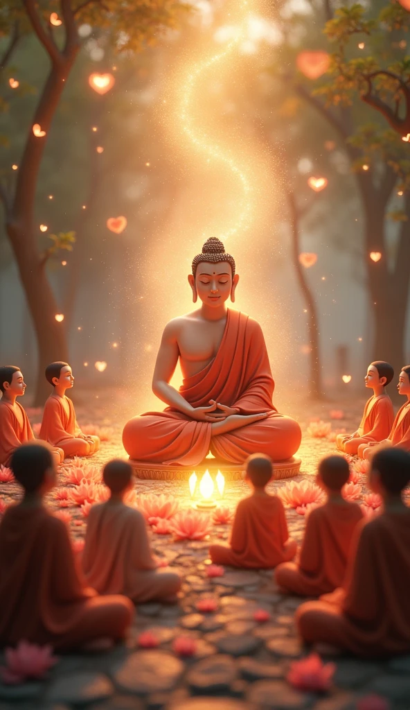  Create a 3D animation where Buddha is speaking to his disciples, and as he explains his teaching, visual symbols of love and compassion (e.g., glowing hearts or lotus petals) gently appear and swirl around him. The animation should show these symbols floating from Buddha to the disciples, illustrating the transfer of wisdom and the blossoming of compassion within their hearts