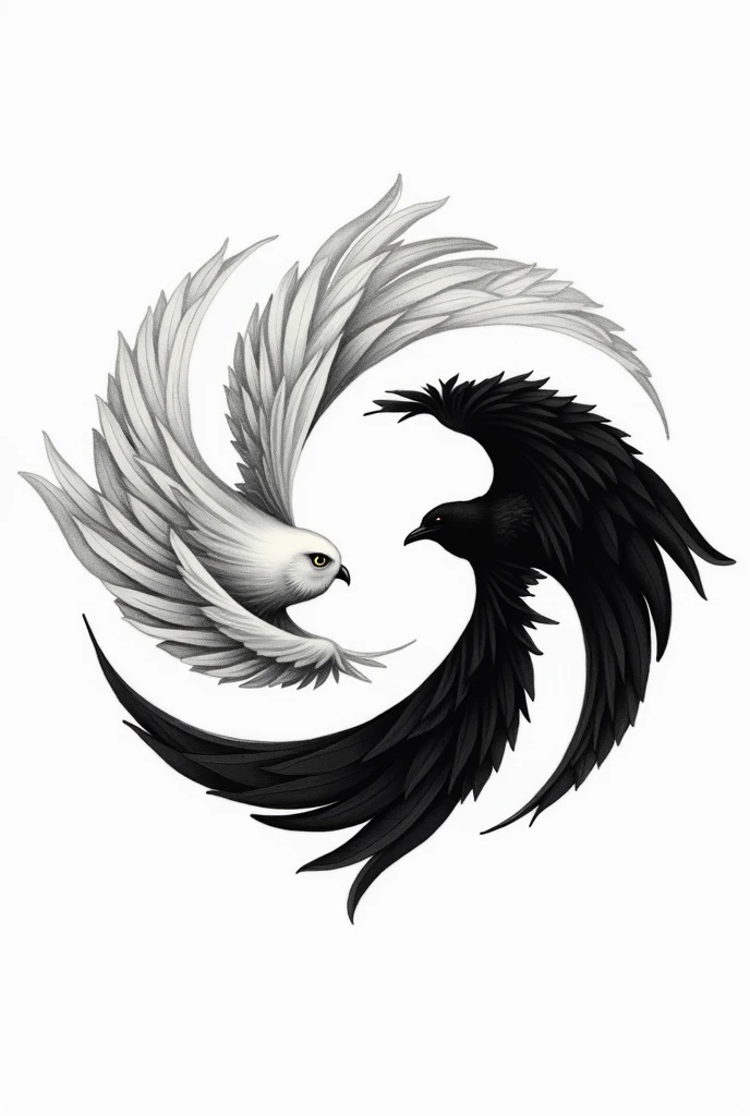 Make me a tattoo design, I want a white barn owl with outstretched wings, facing a black crow with its wings also spread, forming a symbiotic circle. The owl represents life, wisdom and clarity, while the crow represents death, the mystery and the darkness. The circle formed by the birds symbolizes the cyclical connection between life and death., and the interconnection of opposites