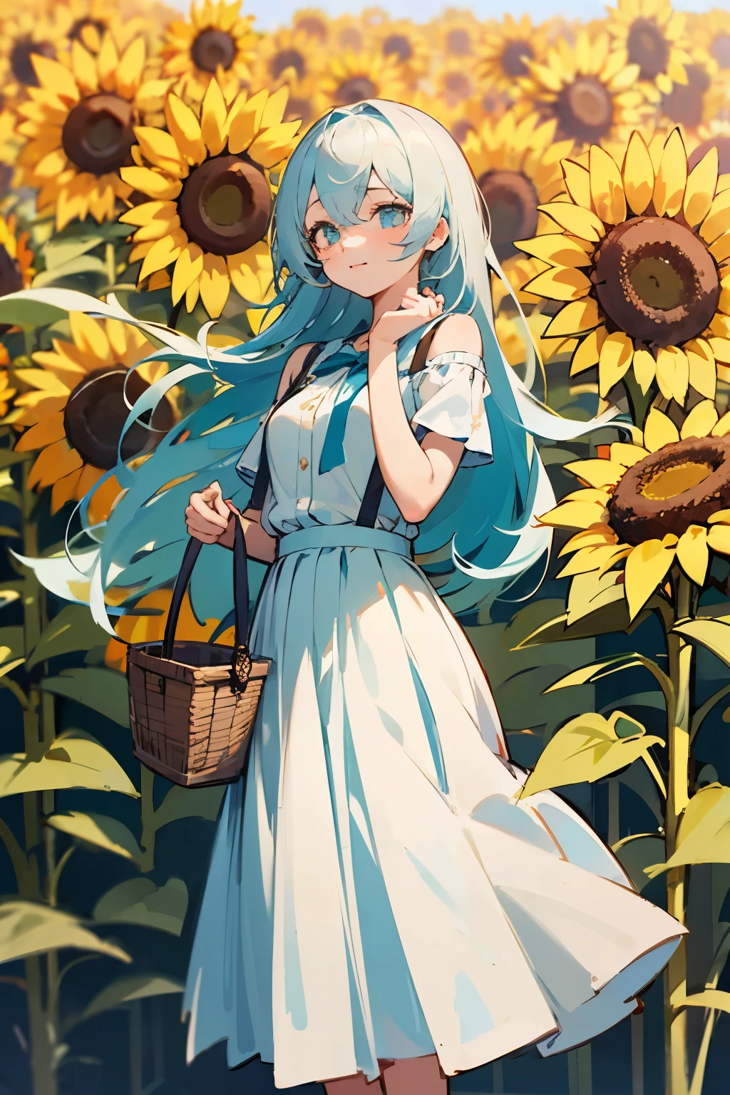 White long hair，White long skirt，With pleated skirt，Top main color white，Complex floral decoration，Cheek slightly sideways，Off-shoulder，Suspenders，Hair ruffling with the right hand，The left hand is hanging down holding a basket，Stand in a field of sunflowers，Sunny and sunny，Extremely high quality，Delicate face，Girl enjoying the breeze，youth，Bright and lively colors，Exquisite eyes，Beautiful and lively pupils，Girlish feeling