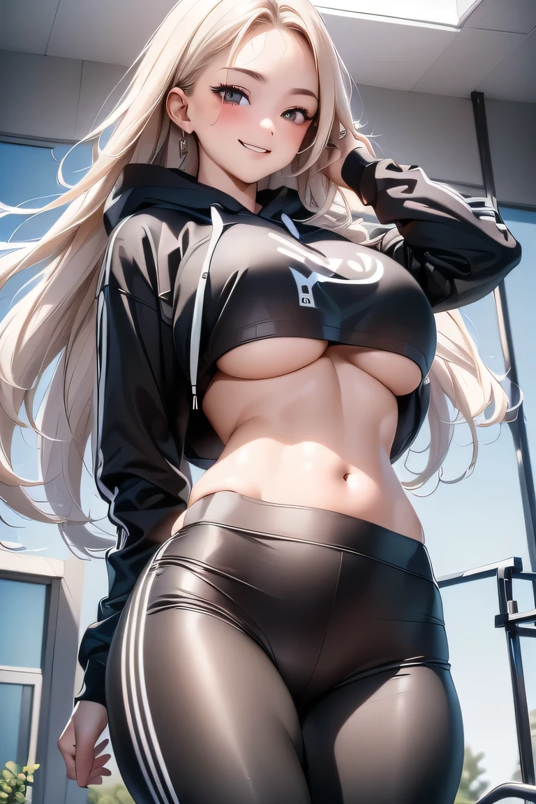 ((masterpiece,Highest quality,Highly detailed images,Beautiful images,Realistic)), ((1 girl, cool face, cool lady, Crop top,Black sportswear, Sporty hoodie、Long tights、underboob, smile, blush)) ,((indoors、fitness gym, Hair swaying in the wind))