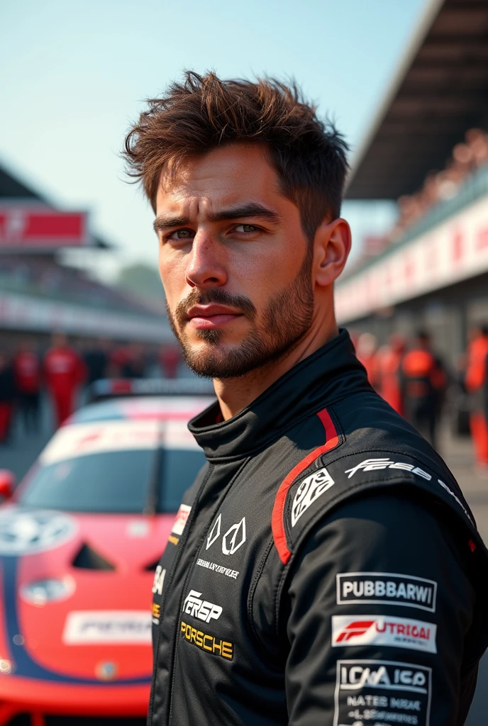 (Photorealism:1.2), Porsche Cup male driver with brown hair and eyes in front of the pitlane 8k ultra realistic