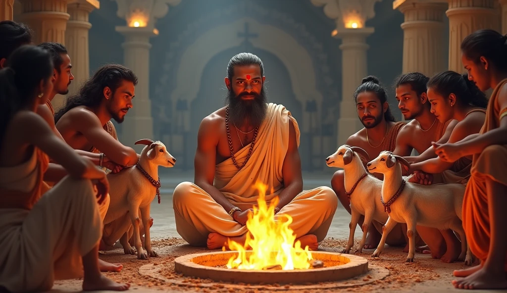Brahmin man seating front of "agni kund" and some people  holding a goat in front of them.  One man holding a sward for kill that goat. Generate image of sacrificial animal in hindu festival