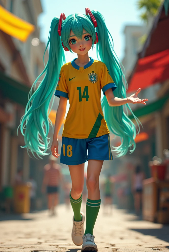 Make Hatsune Miku but with a Brazilian soccer team shirt and walking through the streets of Brazil