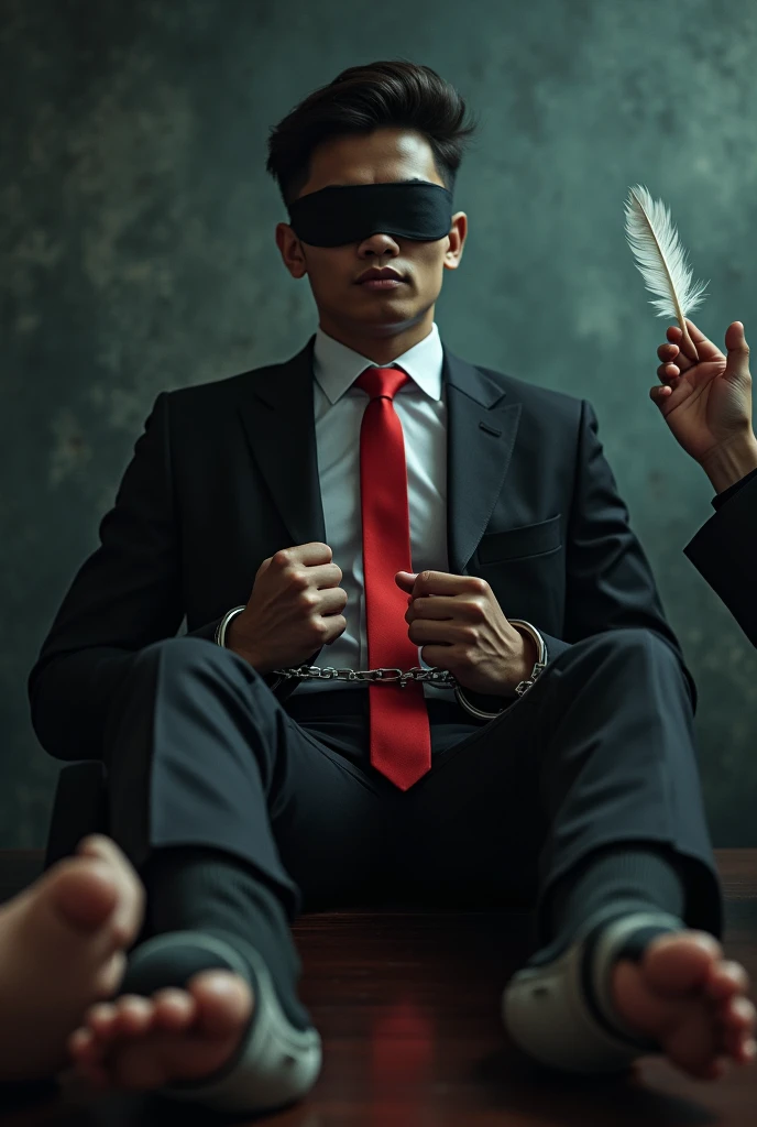 Malaysia malay handsome 19 years celebrity
His handcuff in warehouse
Blindfolded
Black Suit and Red tie
feet on desk
feather
5 toes each feet
Black smelly sock
2 man under his feet
1 man take off his socks
1 man holding feather tickle his feet
He laugh very hard