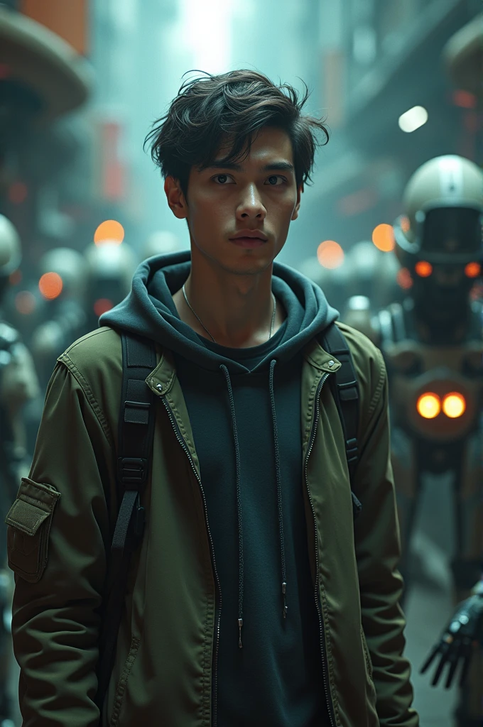 Topic:- have a great cinematic and robotic chip and machine background.
Character :- Create a realistic man age around 20 to 21 , He looks a bit scared and there are some robots hidden near him.
[ Including the background with the character ] 