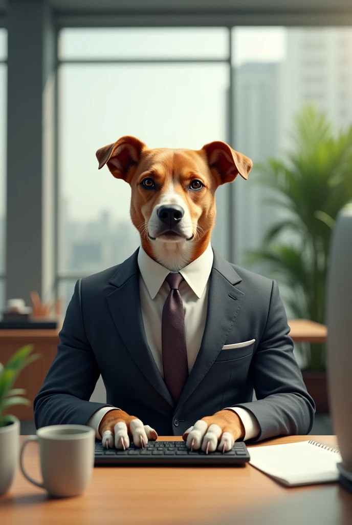 Dog work hard like business man typing computer