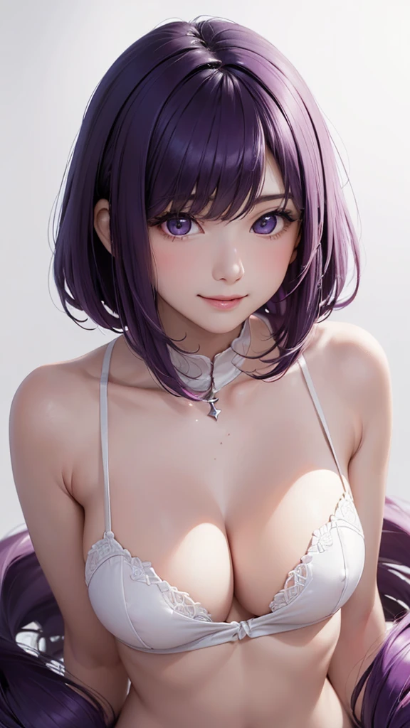 Best Quality,High resolution,8k,(plain white background, no patterns, no textures, just a plain white background:1.3),Masterpiece:1.2),beautiful girl,Big Breasts,(Glossy, deep purple hair:1.3),bob cut,Beautiful purple eyes,Dark gray underwear,Gentle look,A refreshing look,smile,Best quality,Best Quality,Aesthetic and aesthetic:1.2,Best details((Super detailed))(High-definition CG illustrations),Slender body,smile,blush,cute,Scrounge,Looking up,Being spoiled,super model