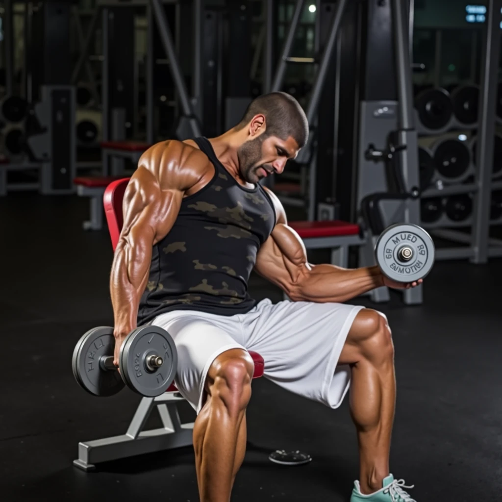 High Detail RAW Color Photo Professional Photo. A tall, muscular man with a shaved head and pale skin is seated in a gym, performing a concentrated bicep curl with a heavy dumbbell. He is wearing a camo tank top designed for bodybuilders, showcasing his massive, defined arms and chest. His shorts are a light green color, highlighting his strong legs as they rest firmly on the ground. The gym environment around him is dimly lit, focusing the light on his intense expression and the strain in his muscles as he lifts the weight. The background features gym equipment, adding to the authentic atmosphere. The lighting emphasizes the definition and veins on his arms, capturing the intensity and power of his workout., UHD, retina, masterpiece, accurate, anatomically correct, anatomically correct, textured skin, super detail, high details, high quality, award winning, best quality, highres, 4K
