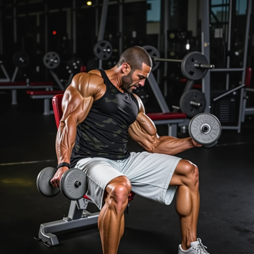 High Detail RAW Color Photo Professional Photo. A tall, muscular man with a shaved head and pale skin is seated in a gym, performing a concentrated bicep curl with a heavy dumbbell. He is wearing a camo tank top designed for bodybuilders, showcasing his massive, defined arms and chest. His shorts are a light green color, highlighting his strong legs as they rest firmly on the ground. The gym environment around him is dimly lit, focusing the light on his intense expression and the strain in his muscles as he lifts the weight. The background features gym equipment, adding to the authentic atmosphere. The lighting emphasizes the definition and veins on his arms, capturing the intensity and power of his workout., UHD, retina, masterpiece, accurate, anatomically correct, anatomically correct, textured skin, super detail, high details, high quality, award winning, best quality, highres, 4K