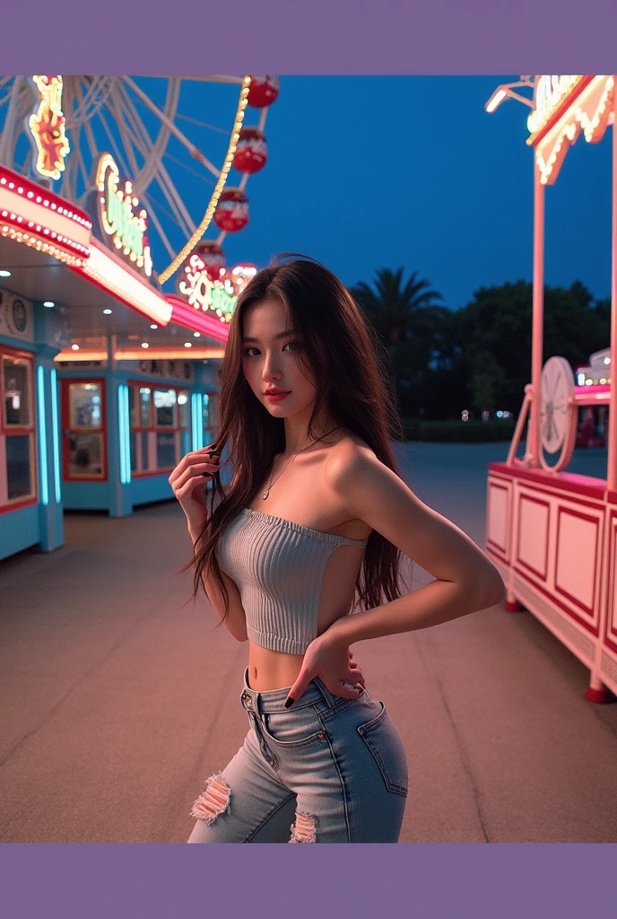 (full body shot:1) photorealistic image of a woman, ultrarealistic, photography, straight long black hair, asian woman, beautiful cute sexy asian 20 years old woman, hourglass figure, perfect body, Flirty look, natural big breasts, long eyelashes, cat eye make-up, double eyelids, sexy pose, erotic pose, seductive pose, big breasts, big tits, wearing denim tube top, ripped jeans , amusement park