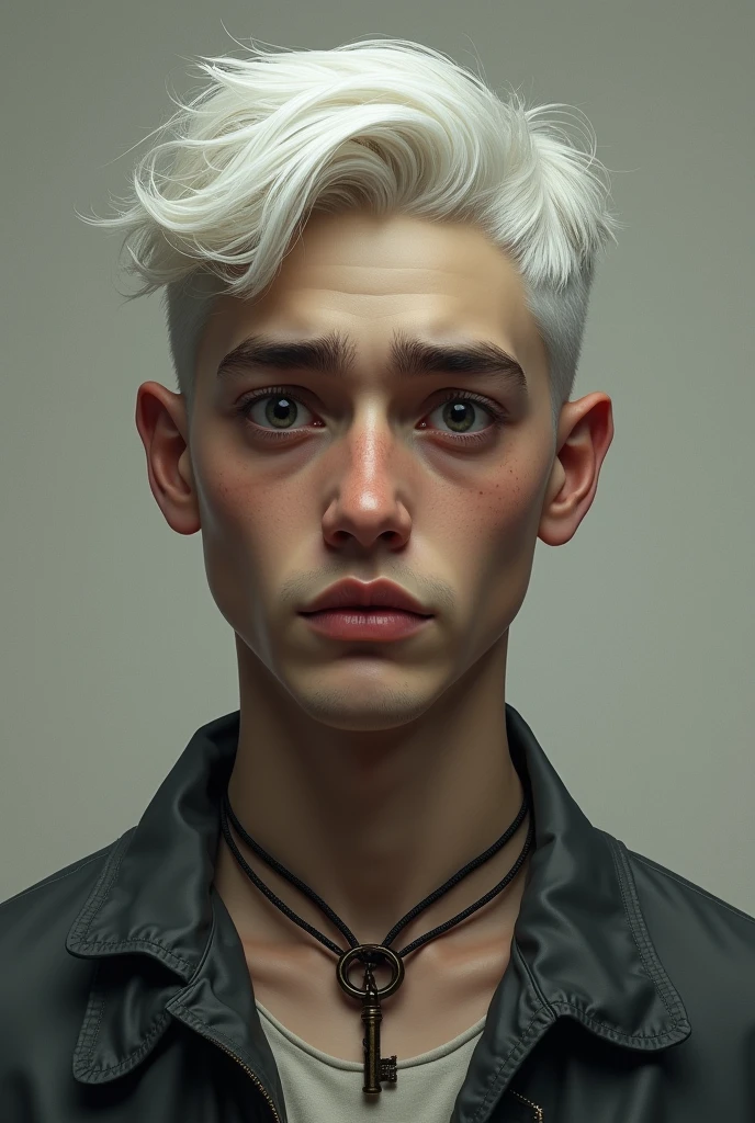 (photorealism:1.2), young man, white short hair, black small eyes, dark bags under the eyes, key on a string around his neck